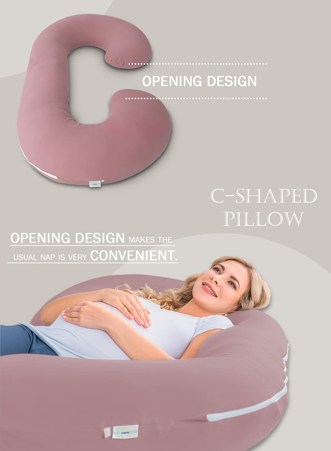 Cooling Maternity Pillow with Soft Cotton Cover, C-Shaped Design for Comfortable Pregnancy Sleep, Dark Pink