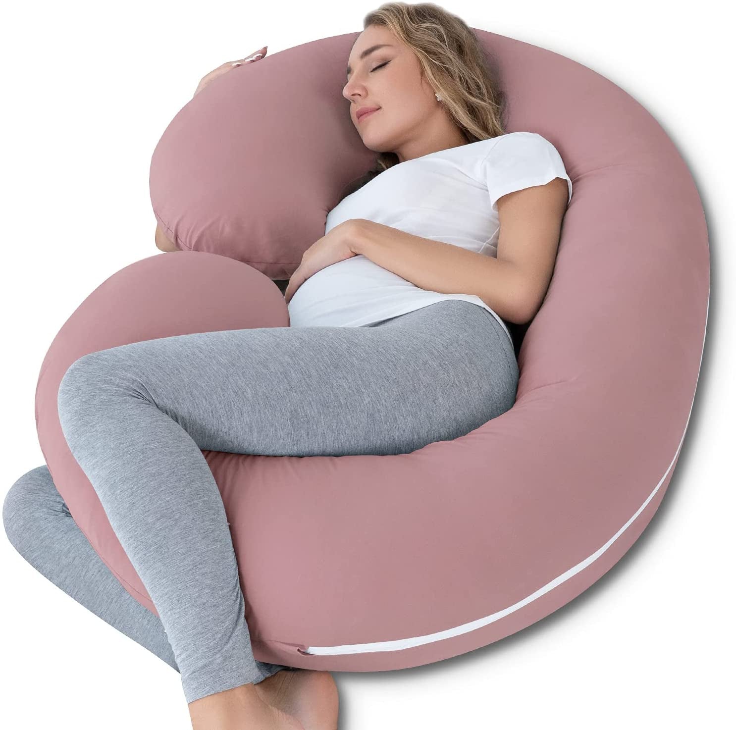 Cooling Maternity Pillow with Soft Cotton Cover, C-Shaped Design for Comfortable Pregnancy Sleep, Dark Pink