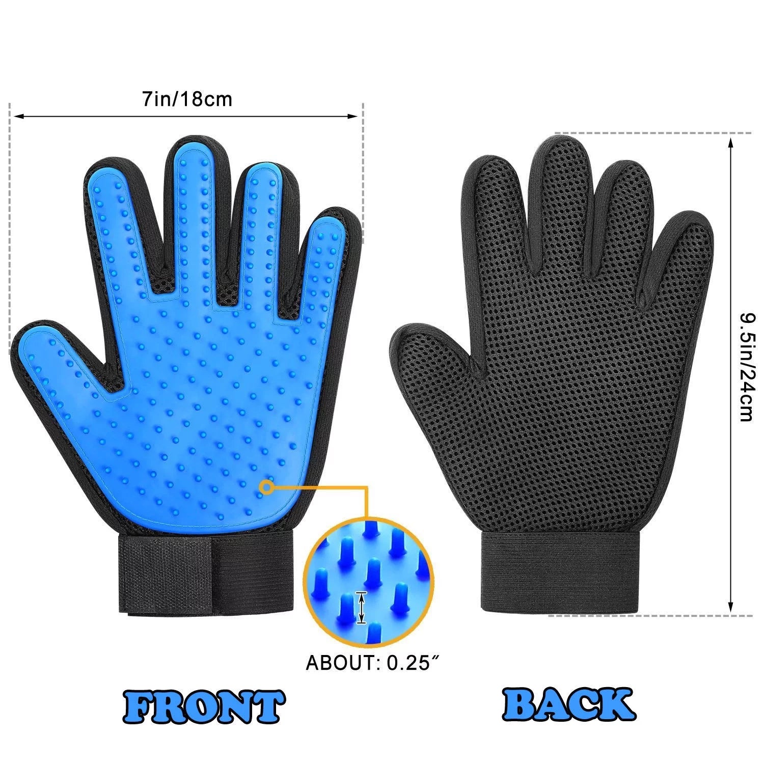 Pet Grooming Gloves for Dogs and Cats - Hair Removal Mitts with Massage Function, Blue (1 Pair)