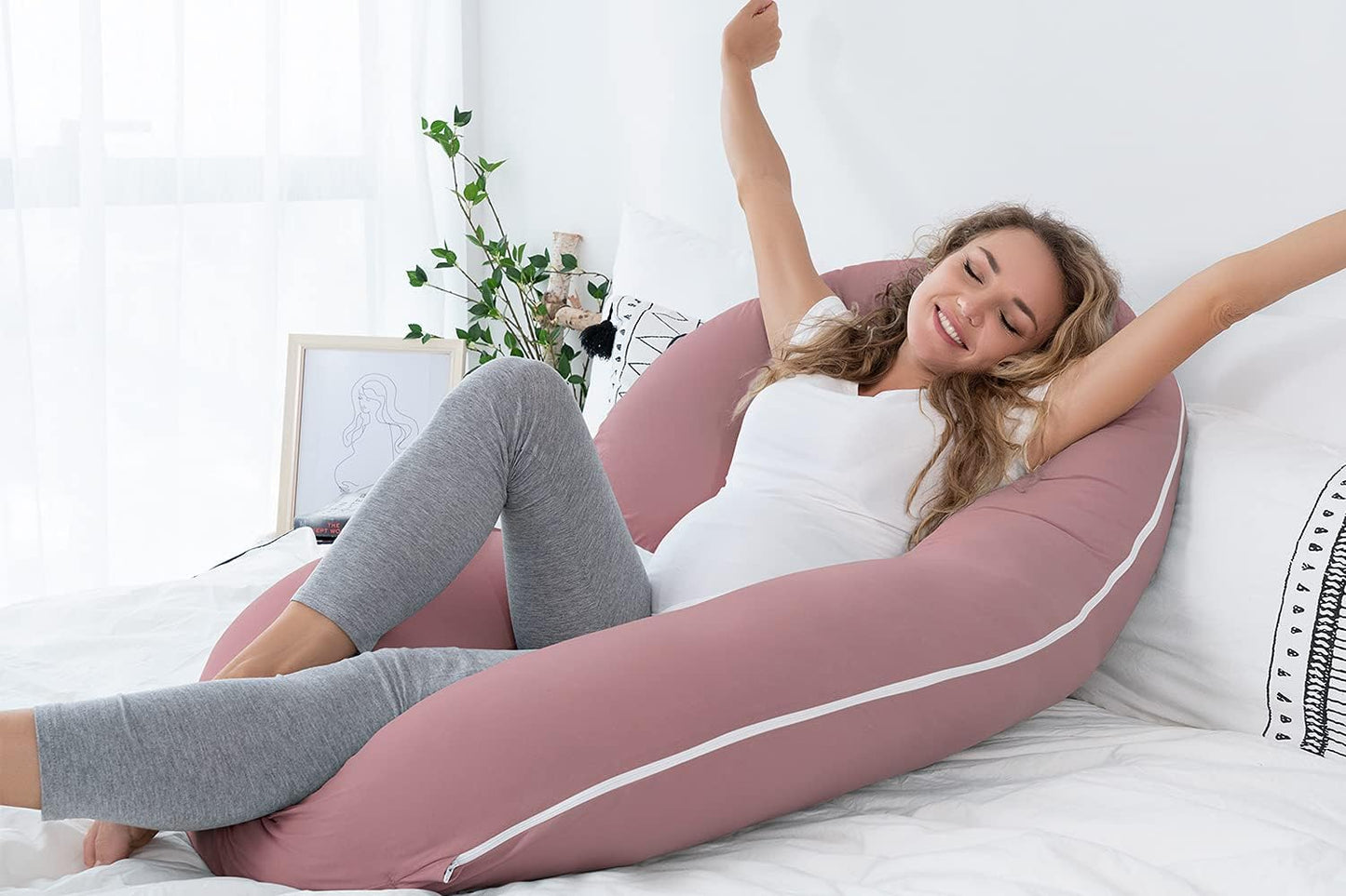 Cooling Maternity Pillow with Soft Cotton Cover, C-Shaped Design for Comfortable Pregnancy Sleep, Dark Pink
