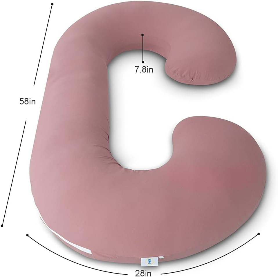 Cooling Maternity Pillow with Soft Cotton Cover, C-Shaped Design for Comfortable Pregnancy Sleep, Dark Pink