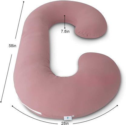 Cooling Maternity Pillow with Soft Cotton Cover, C-Shaped Design for Comfortable Pregnancy Sleep, Dark Pink