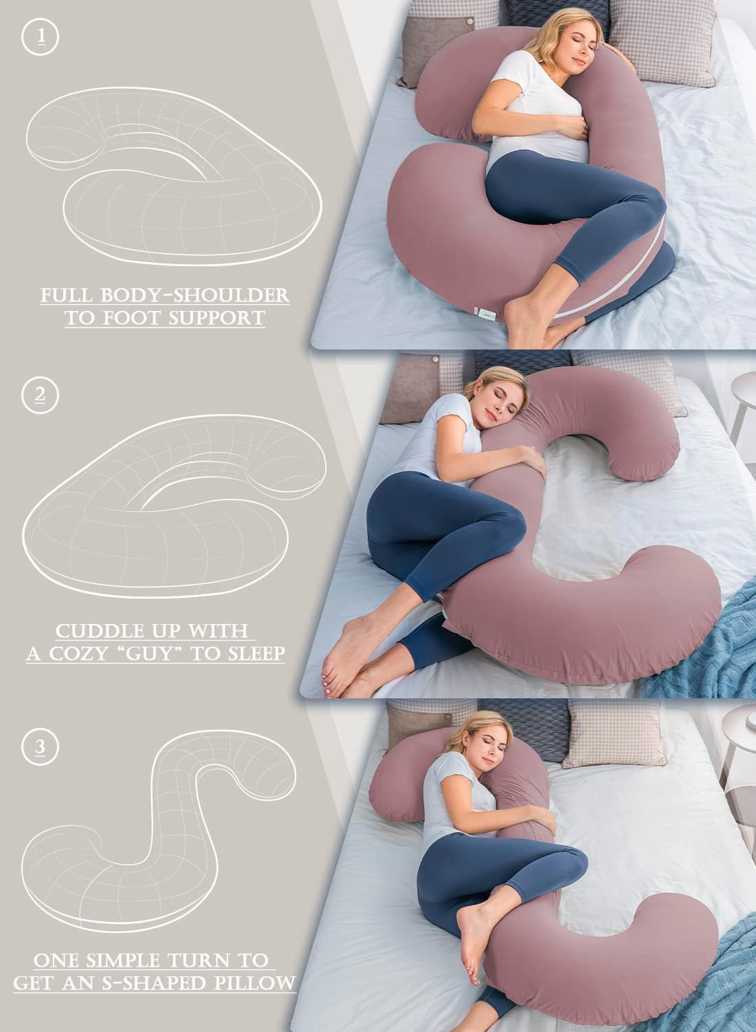 Cooling Maternity Pillow with Soft Cotton Cover, C-Shaped Design for Comfortable Pregnancy Sleep, Dark Pink