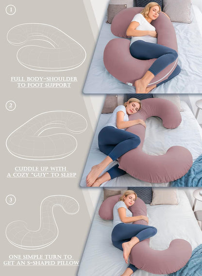 Cooling Maternity Pillow with Soft Cotton Cover, C-Shaped Design for Comfortable Pregnancy Sleep, Dark Pink