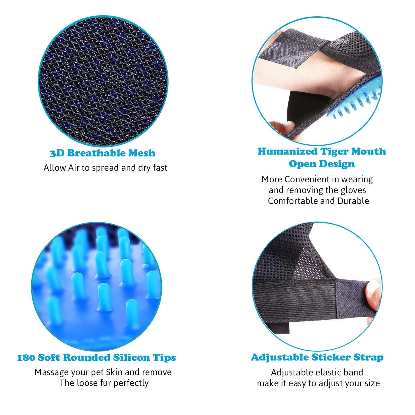 Pet Grooming Gloves for Dogs and Cats - Hair Removal Mitts with Massage Function, Blue (1 Pair)