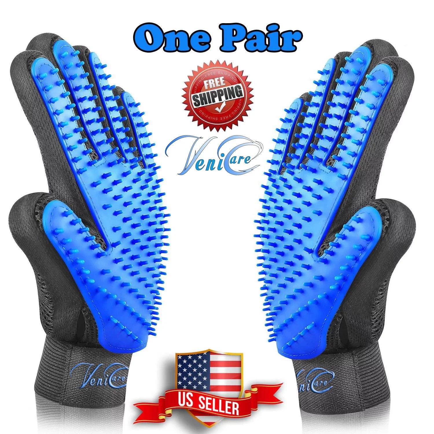Pet Grooming Gloves for Dogs and Cats - Hair Removal Mitts with Massage Function, Blue (1 Pair)