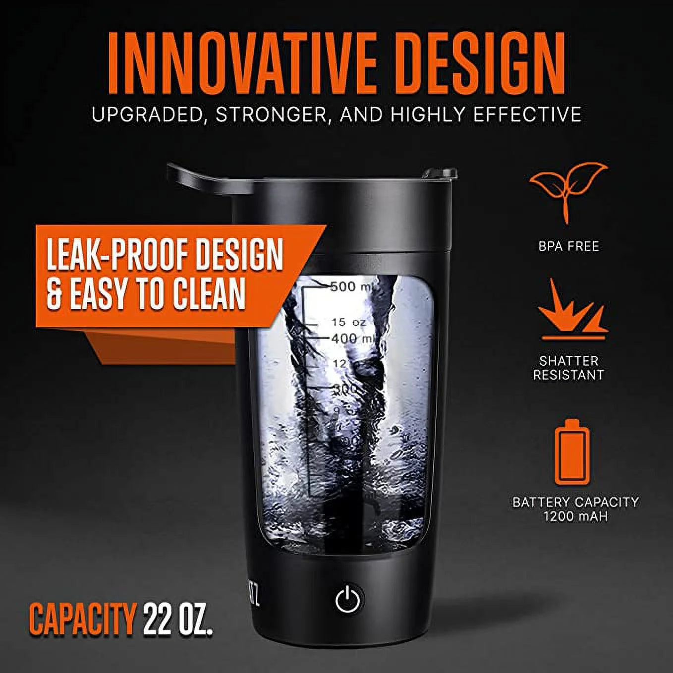 22 oz Electric Shaker Bottle with Automatic Blending and USB Rechargeable Feature (Black)