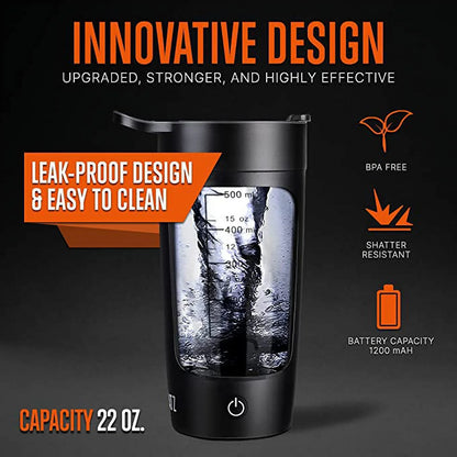 22 oz Electric Shaker Bottle with Automatic Blending and USB Rechargeable Feature (Black)